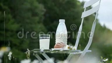 在洋甘菊草坪的中间，白色的椅子上有<strong>一瓶牛奶</strong>，还有一杯<strong>牛奶</strong>和面包。 附近